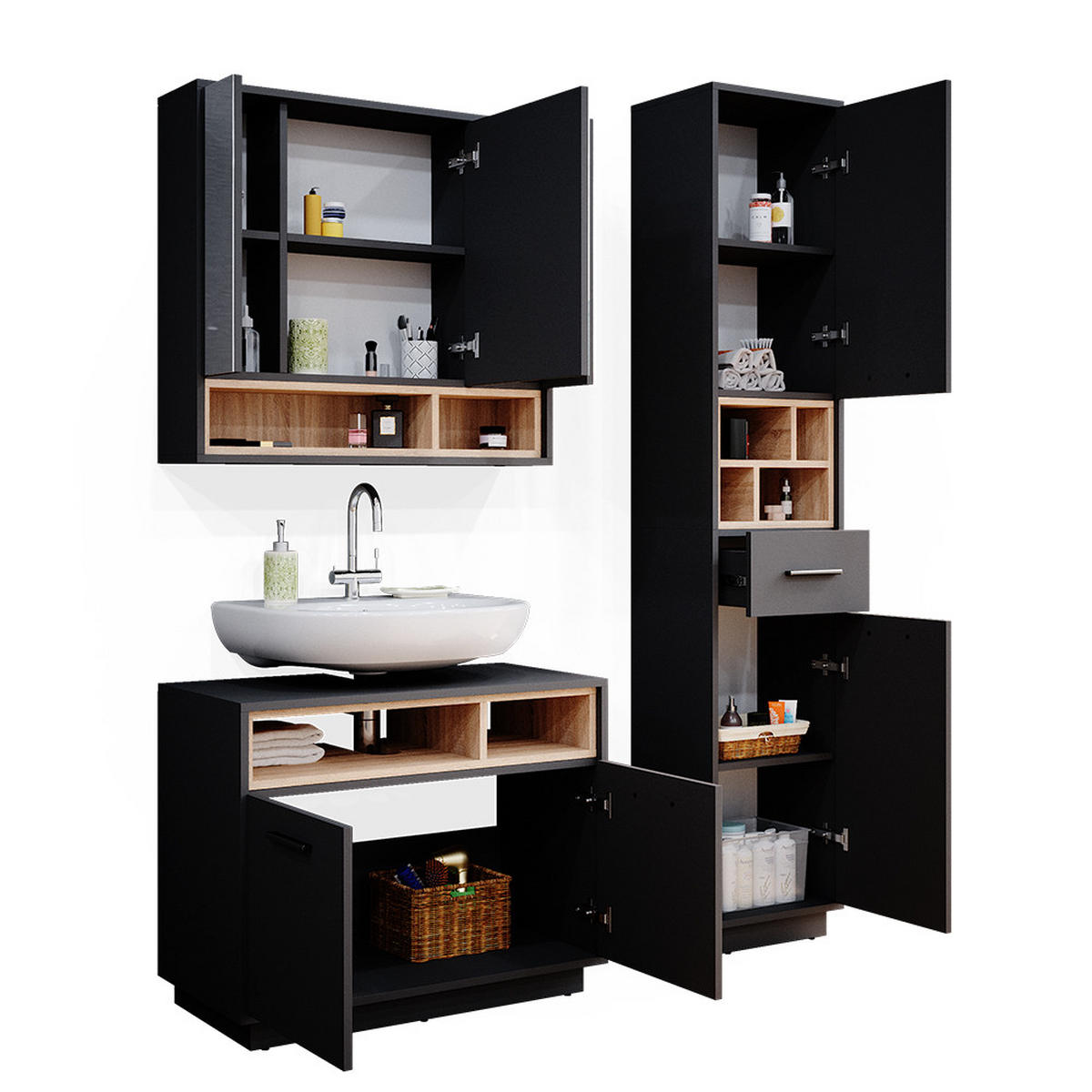 BADMÖBEL-SET Beatrice Anthrazit 3 Teile, mit Hochschrank - Anthrazit/Sonoma Eiche, Holzwerkstoff (80/64/40cm) - Vicco