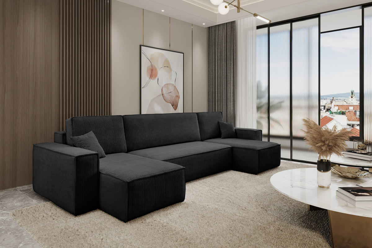 WOHNLANDSCHAFT Hugo U-Form Cordstoff mit Schlaffunktion und Bettkasten - Schwarz, Textil (312/83/142cm) - VENASI MÖBEL