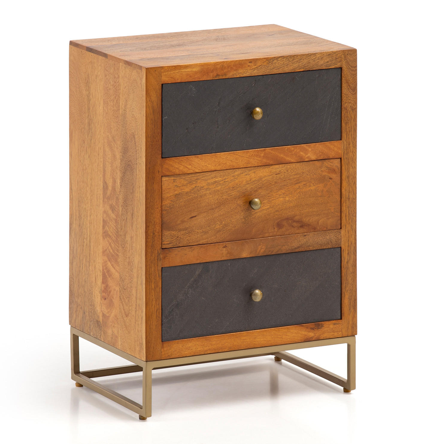 NACHTTISCH Massivholz Steinoptik 3 Schubladen Metallgestell, Braun 40x30x60 cm - Goldfarben/Braun, Holz/Metall (40/60/30cm) - KADIMA DESIGN