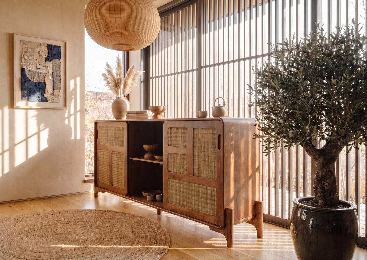 SIDEBOARD Mango/Seegras 180x40x80 hellbraun lackiert MIZUMI #102 - Braun, Holz (180/80/40cm) - Massivmoebel24