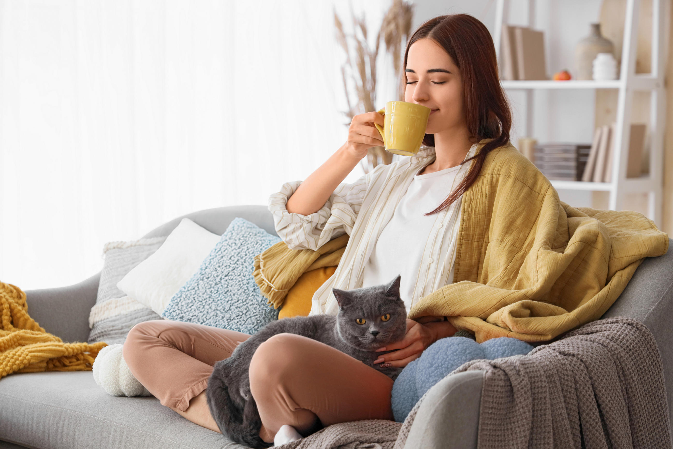  Eine Person sitzt gemütlich auf einem Sofa mit weichen Wohntextilien, trinkt aus einer Tasse und hält dabei eine graue Katze im Schoß.