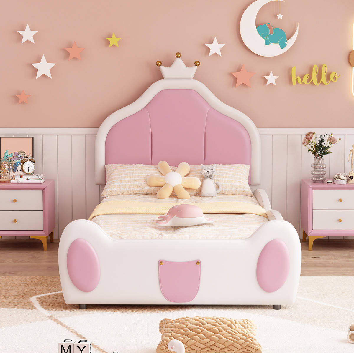 KINDERBETT 90/200 cm aus Kunstleder mit kronenförmigem Kopfteil Weiß/Rosa - Weiß, Textil (90/200cm) - Modenvie