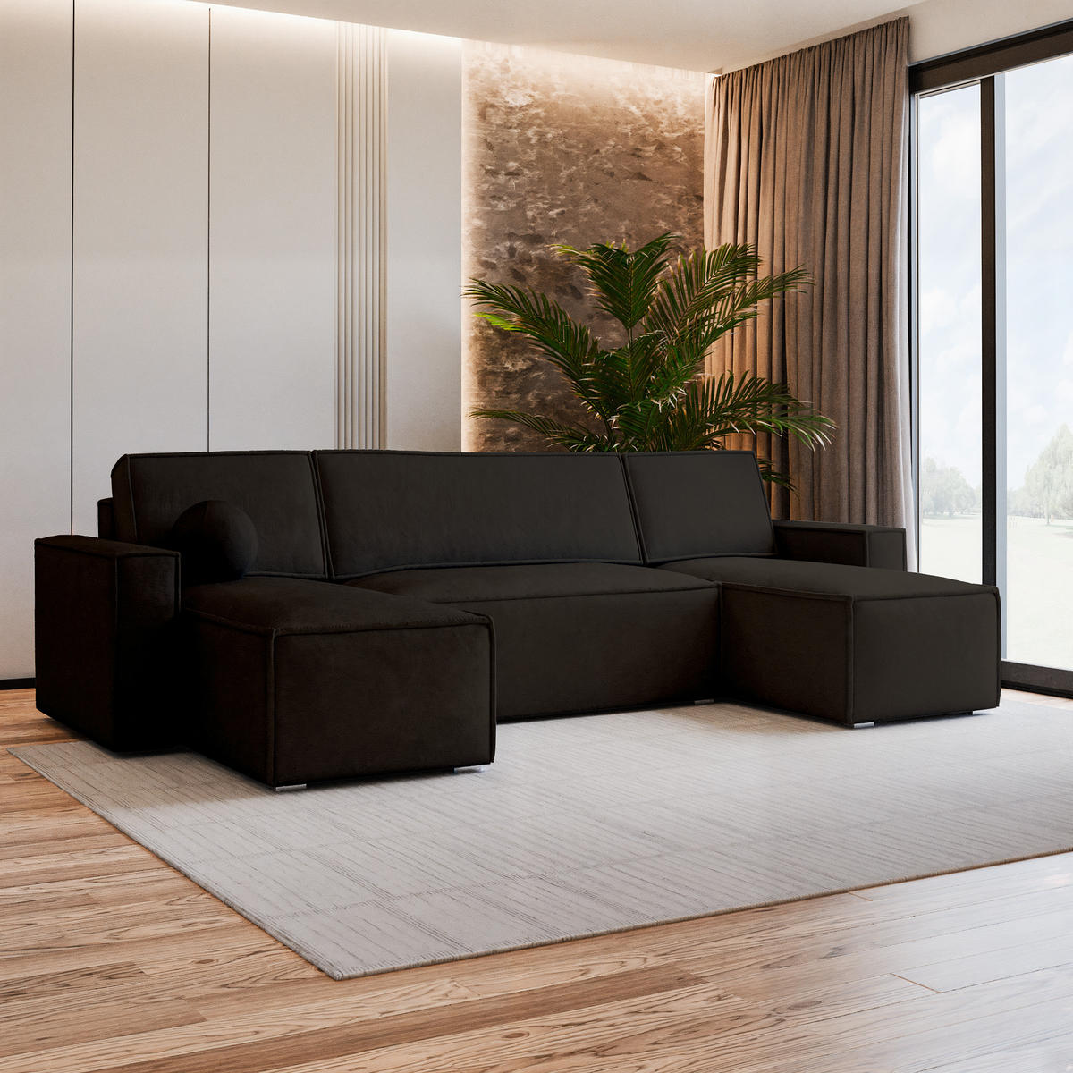 WOHNLANDSCHAFT PESANO M Braun Velours-Stoff mit Schlaffunktion - Braun, Holz (306/85/140cm) - MASSENO
