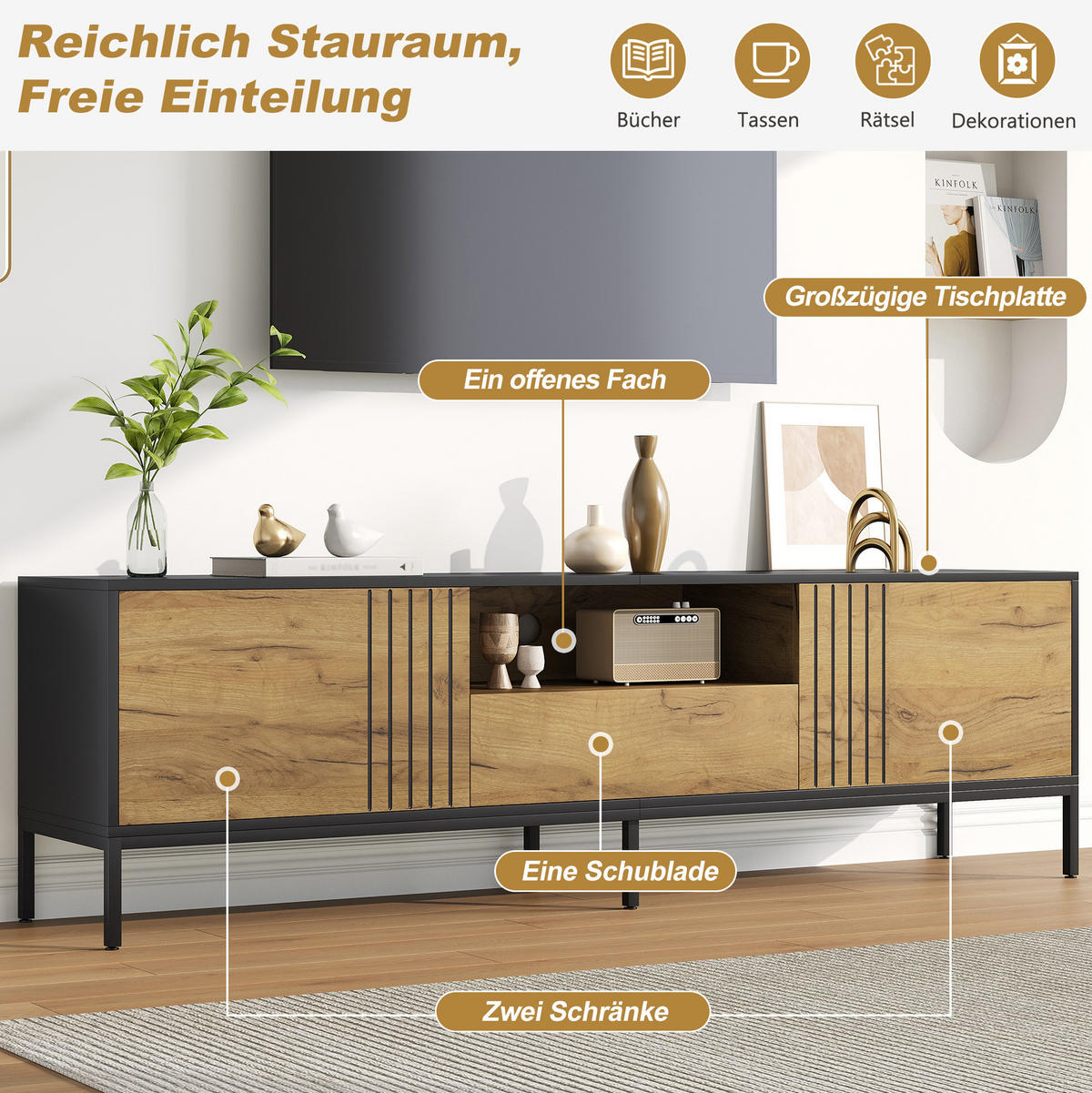 TV-LOWBOARD 170/35/50 cm Eiche Schwarz aus Spanplatte mit Stauraum - Eichefarben, Holzwerkstoff (35/50/170cm) - OKWISH