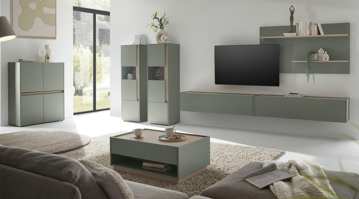 WOHNWAND Salbei grün, Eiche Barista, Wohnkombination Set 5-teilig mit XXL-TV-Schrank 440 cm - Salbeigrün/Eichefarben, Glas/Holzwerkstoff (440/180/40cm) - Furn.Design