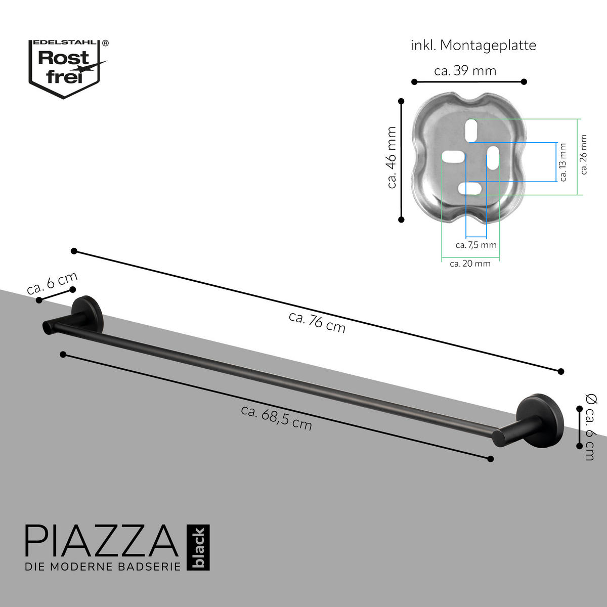 BADETUCHSTANGE PIAZZA BLACK, Edelstahl, schwarz - Schwarz, Metall (76/6/6cm) - bremermann