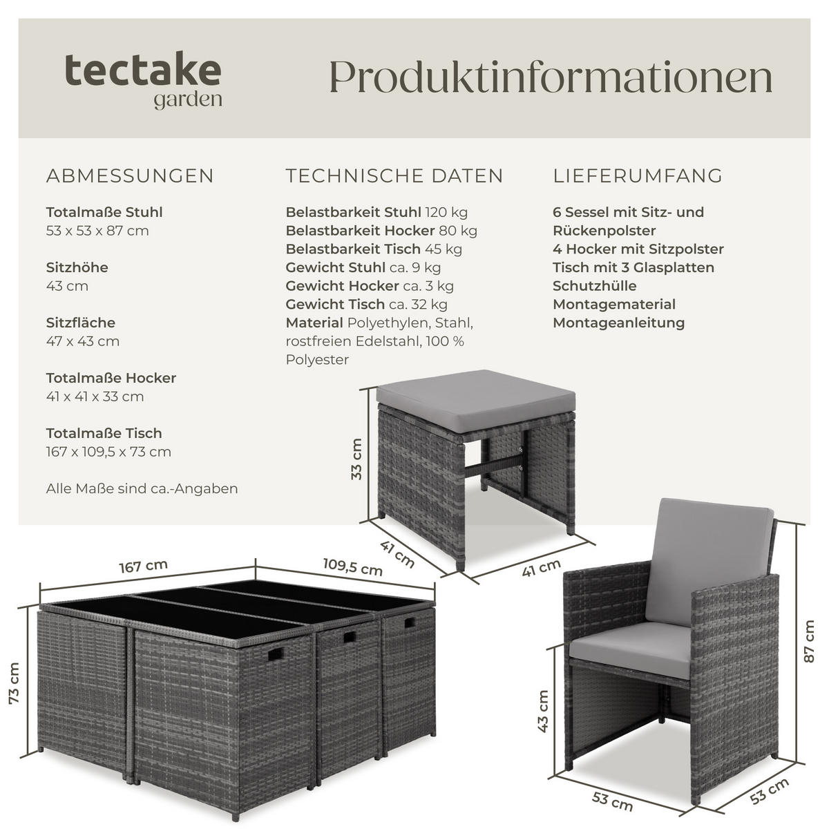 RATTAN SITZGRUPPE Malaga,zusammenschiebbar, inklusive Schutzhülle,grau - Grau, Kunststoff - tectake