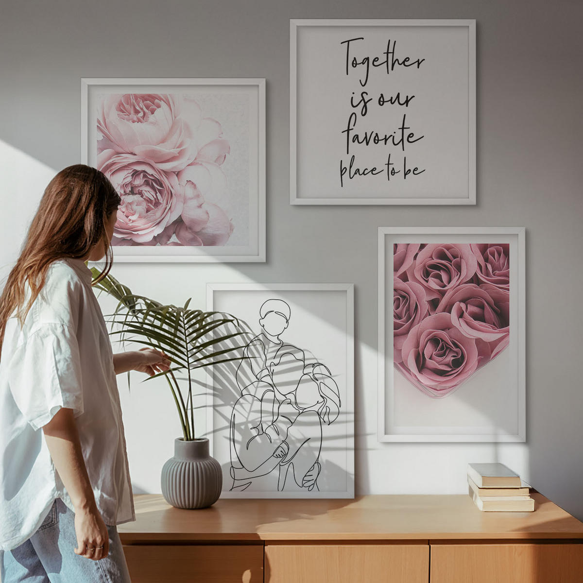 BILDER SET 4er Set - 50x50 cm & 40x60 cm Weißer Rahmen - Rosensträuße als Familienzeichnung - Weiß, Kunststoff (50/50cm) - TULUP