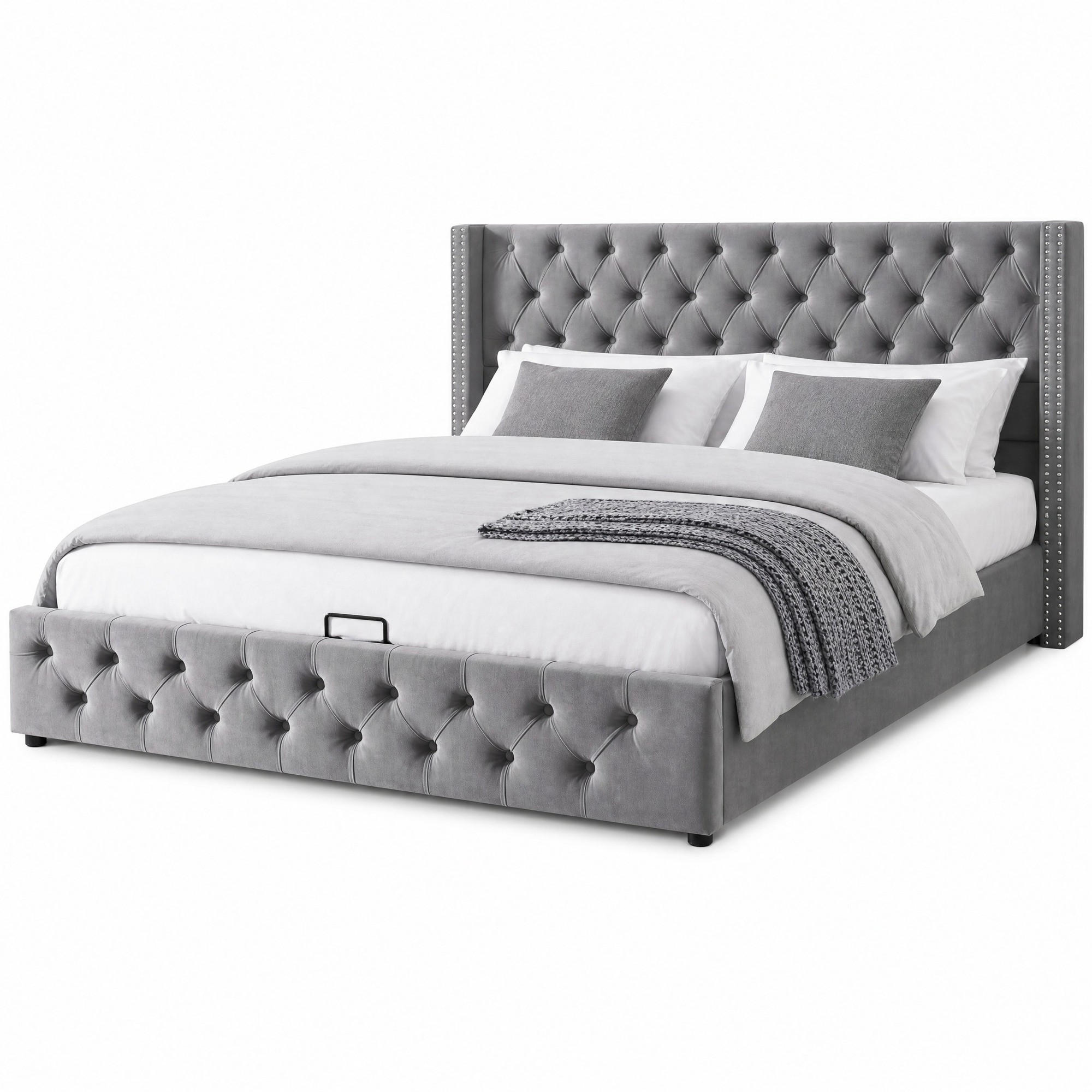 POLSTERBETT 180/200 cm in Grau Samt mit Bettkasten - Grau, Holzwerkstoff/Textil (180/200cm) - CHICFURN
