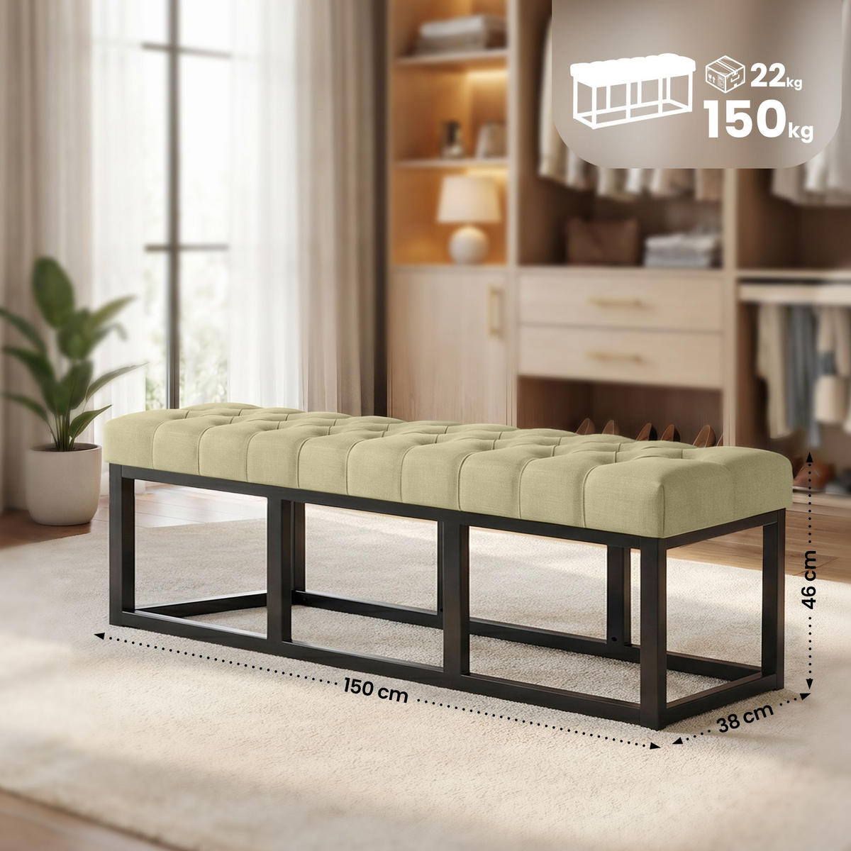SITZBANK 150/38 cm Stoff Taupe - Taupe/Schwarz, Textil/Metall (150/46/38cm) - CLP