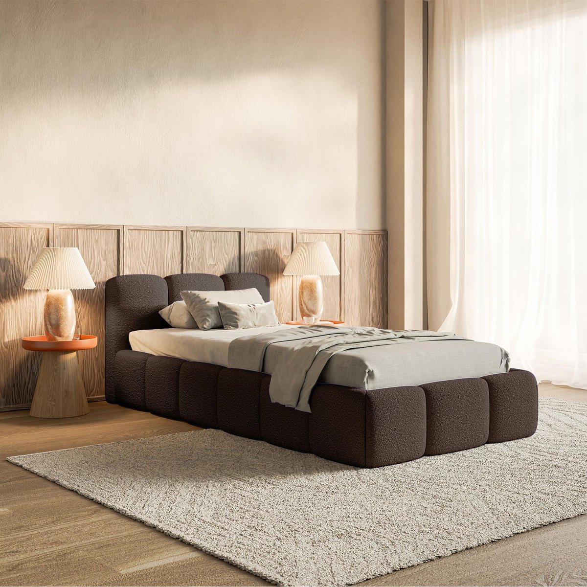 POLSTERBETT Cloudy Low Braun Bouclé, Bettkasten & Lattenrost, 90x200 cm - Schwarz/Braun, Kunststoff/Textil (90/200cm) - Selsey