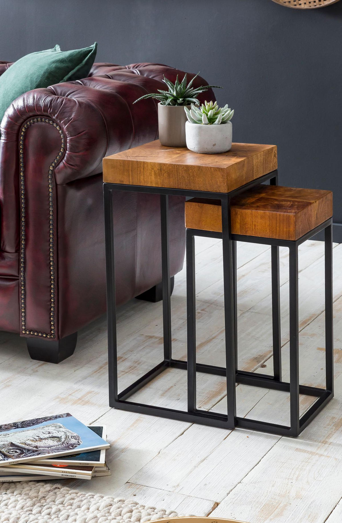 BEISTELLTISCH Set – 2-teilig Massivholz Metall handgefertigt Industrial - Schwarz/Braun, Holz/Metall (30/30/60cm) - KADIMA DESIGN