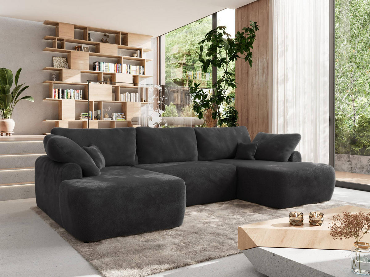 WOHNLANDSCHAFT CUBO U Dunkelgrau Plüsch - Dunkelgrau/Schwarz, Kunststoff/Textil (370/100/187cm) - MKS