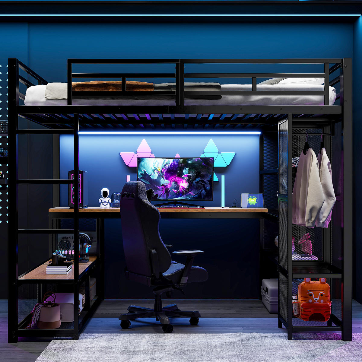 HOCHBETT 140/200 cm in Schwarz mit Schreibtisch, Regal und LED - Schwarz, Holzwerkstoff/Metall (140/200cm) - WISHDOR