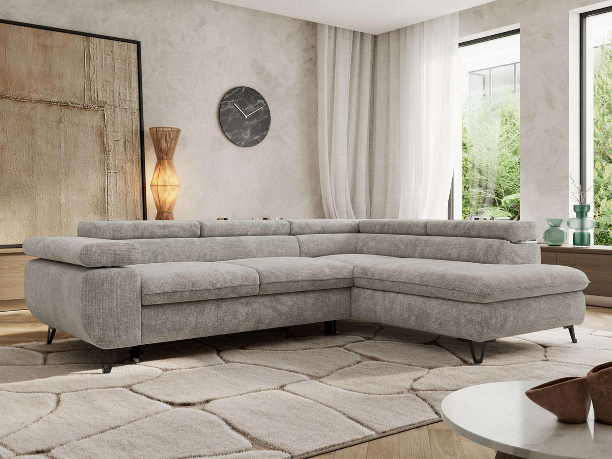 ECKSOFA PABLO L Hellgrau Schenille grob gewebt - Rechts Seite - Hellgrau/Schwarz, Textil/Metall (273/208cm) - MKS