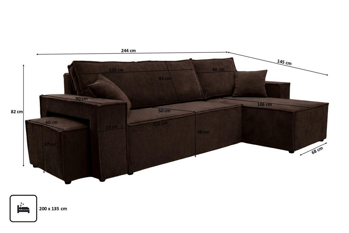 ECKSOFA Mit Schlaffunktion Und Pouf, Cordstoff Poso, Braun, Rechts, Best L Mit Pouf - Braun, Holz (244/145cm) - Kaiser Möbel