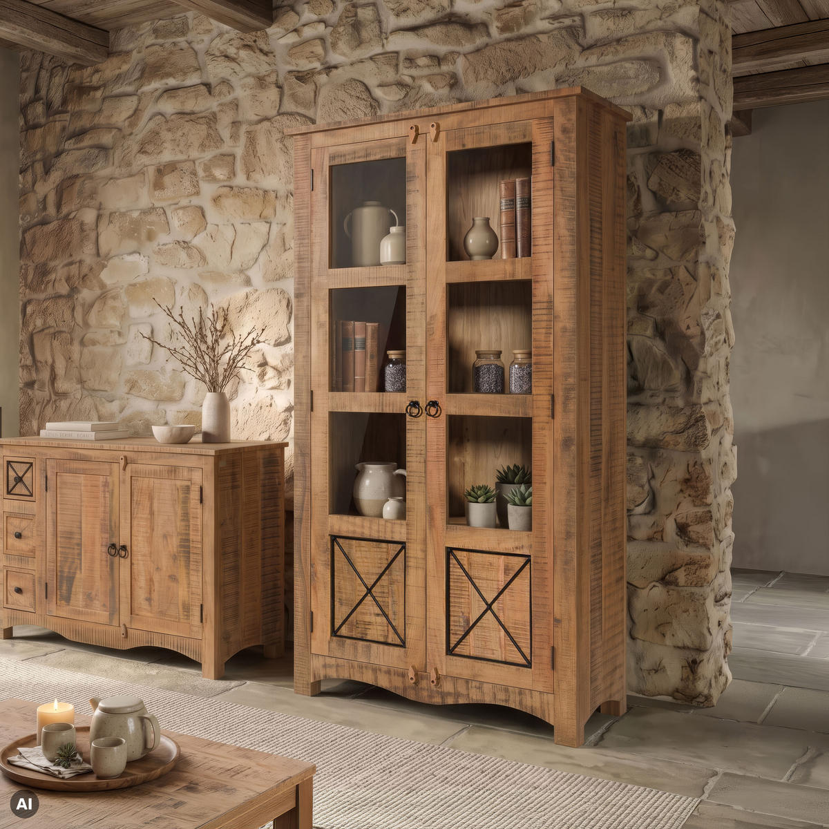 VITRINE Akazie 90x40x180 natur versiegelt NATURE OF SPIRIT #252 - Naturfarben, Holz (90/180/40cm) - Massivmoebel24