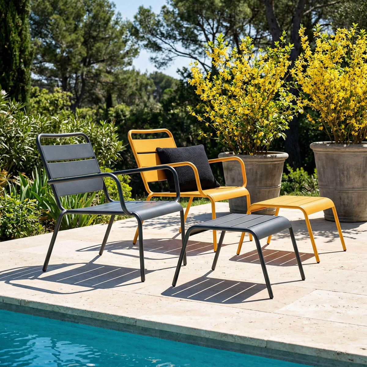 RELAXSESSEL MIT HOCKER 2-tlg., Grau/Gelb - Gelb, Metall (64/72/60cm) - Oviala