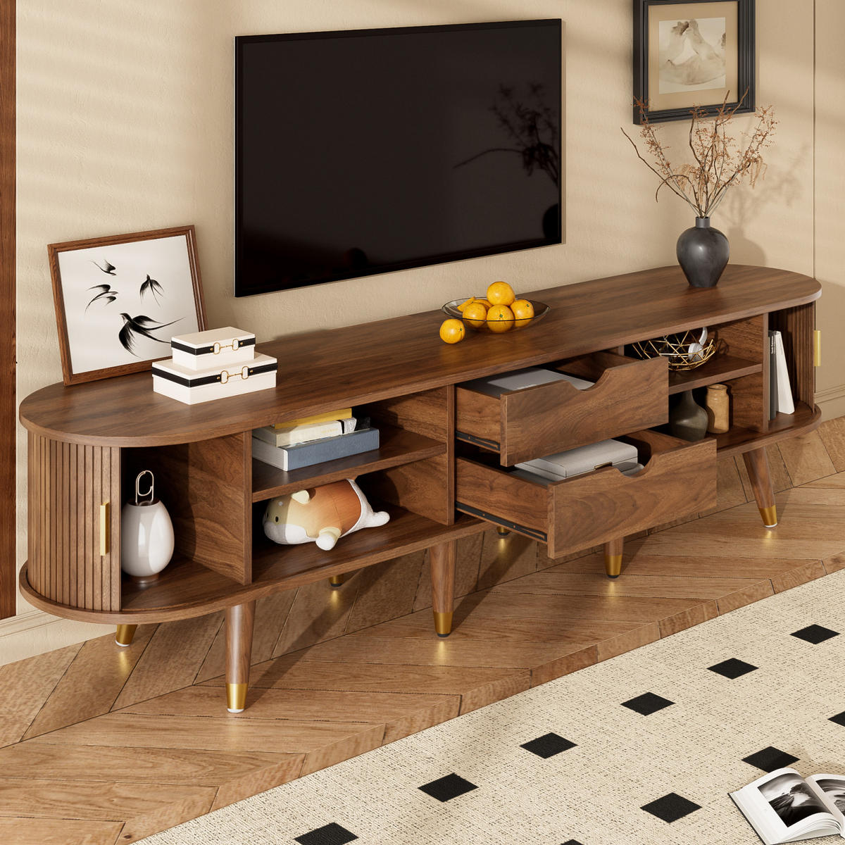 TV Lowboard 175 cm, Nussbaumoptik, Rattan-Schiebetür, Stauraum - Braun, Holz (175/45/38cm)