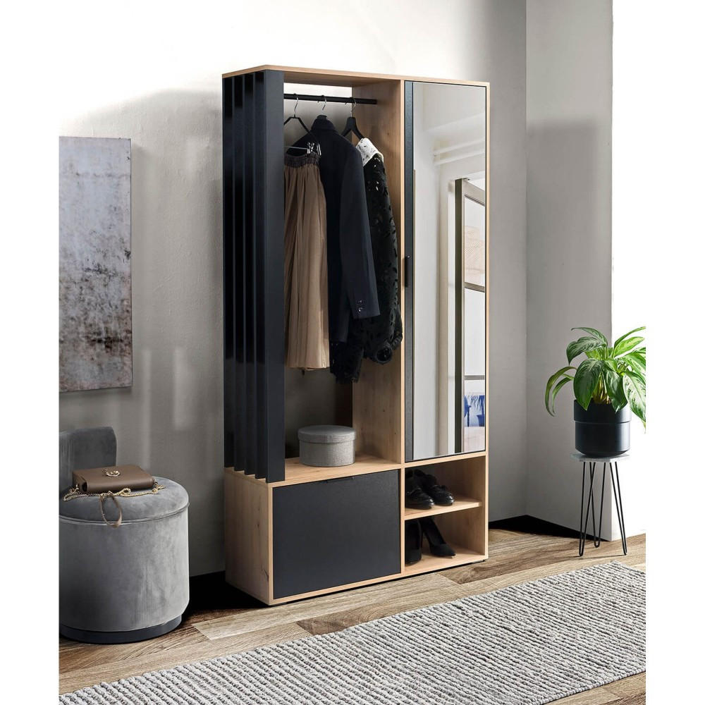GARDEROBENSCHRANK Limo mit Spiegel und Schuhschrank, Eiche Artisan+schwarz - Eiche Artisan, Holzwerkstoff (100/190/33cm) - Beautysofa
