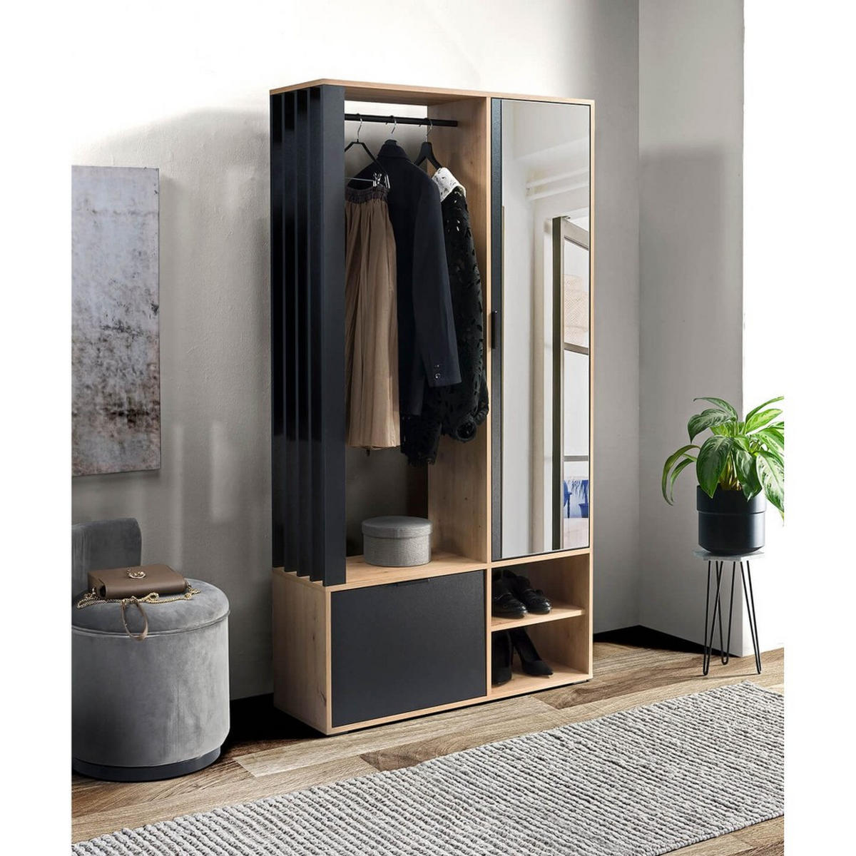 GARDEROBENSCHRANK Limo mit Spiegel und Schuhschrank, Eiche Artisan+schwarz - Eiche Artisan, Holzwerkstoff (100/190/33cm) - Beautysofa