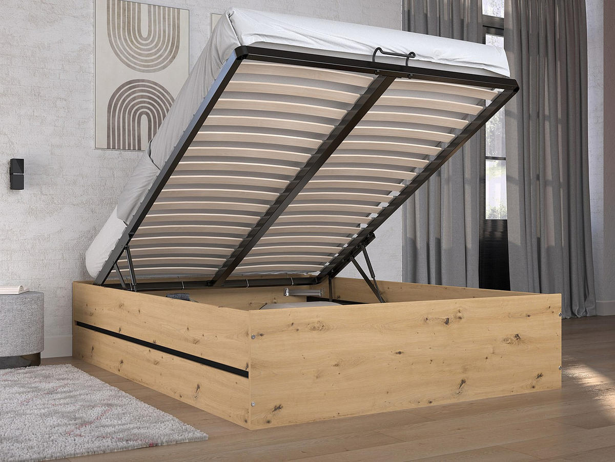 BETT mit Bettkasten - 2 Personen - Holz, Platte - Schwarz, Naturfarben Hell - Schwarz/Naturfarben, Holz (140/190cm) - Vente-Unique
