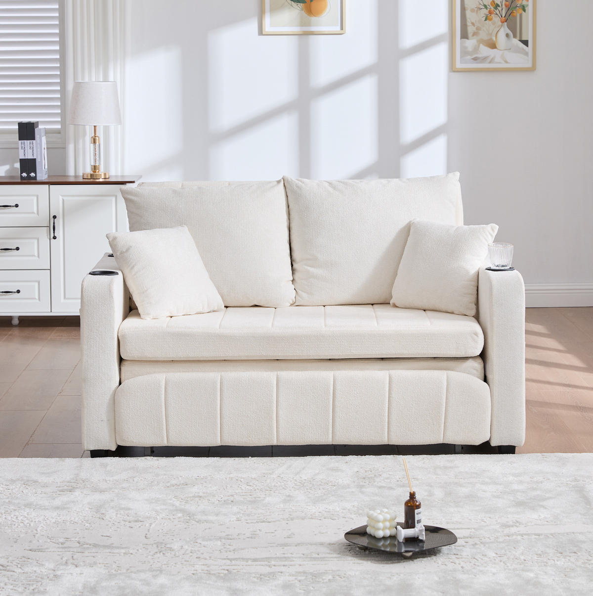 SCHLAFSOFA ausziehbar 139 x 83 cm Chenille Beige - Beige, Holzwerkstoff (139/83/73cm) - Meubliv