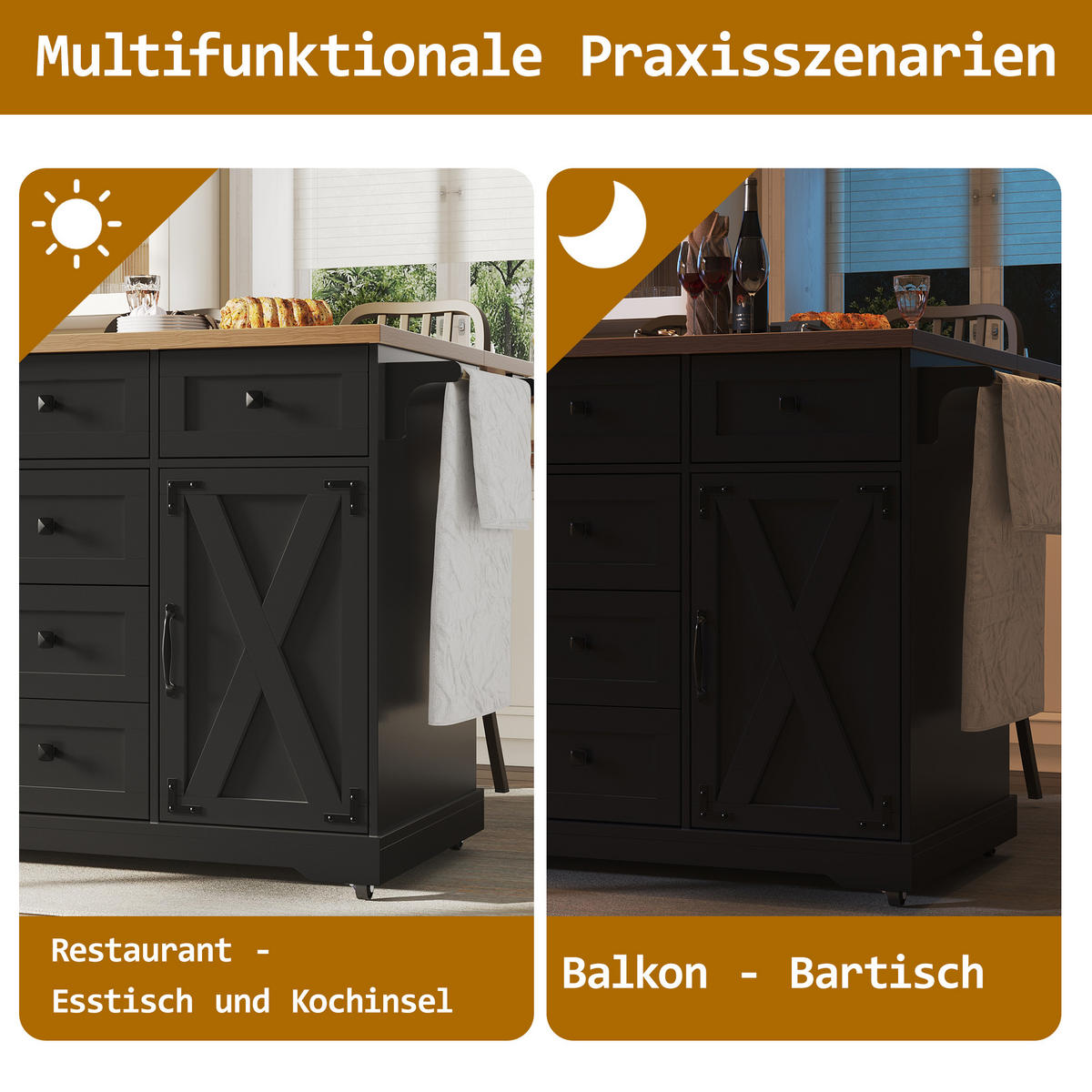 KÜCHENINSEL 147/70/93 cm Schwarz mit Klappblatt, Großem Stauraum und Rollen - Schwarz, Holz/Holzwerkstoff (147/93/70cm) - Oxeza