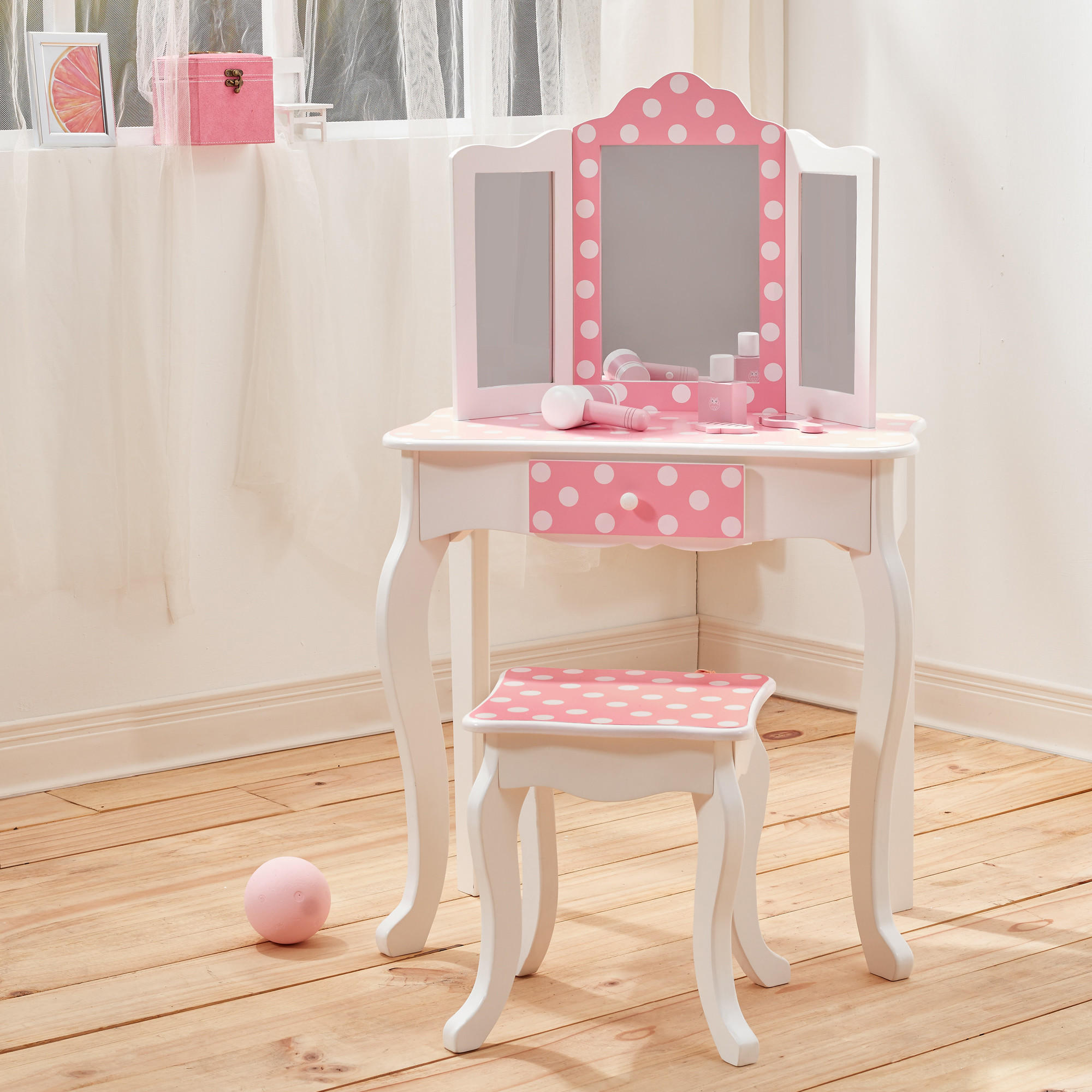 KINDER-SCHMINKTISCH mit Spiegel und Hocker Frisiertisch, Rosa/Weiß, 100cm - Weiß, Holzwerkstoff (30/100/60cm) - Teamson Kids