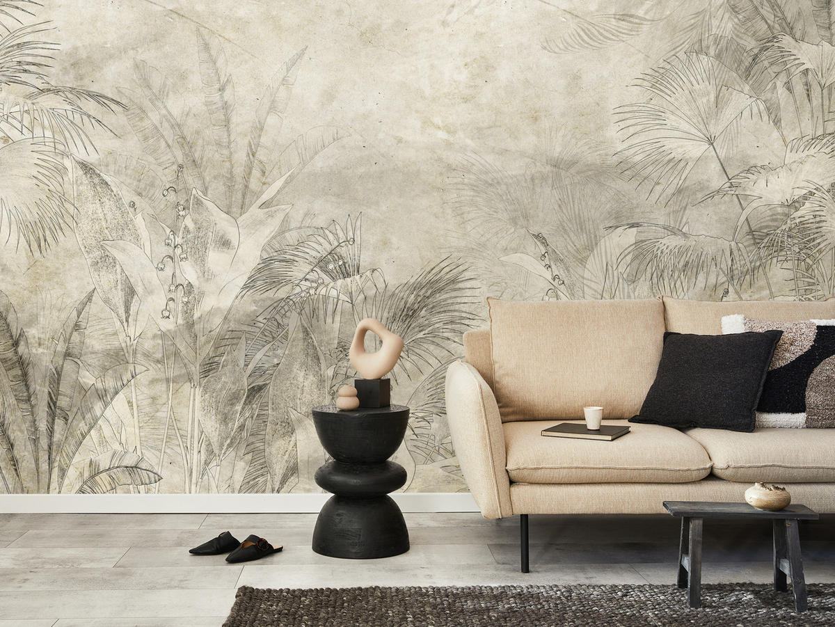 FOTOTAPETE für Schlafzimmer Vintage Botanische Blätter Tropisch 150x105 - Beige/Braun, Papier (150/105cm) - Muralo