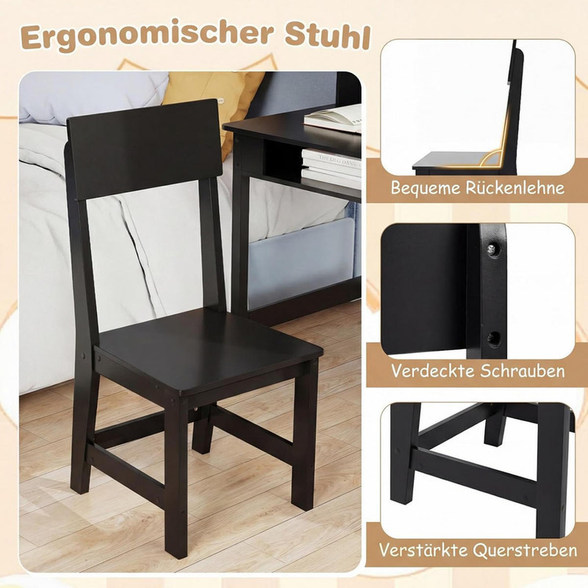 KINDERSCHREIBTISCH-SET aus Holz schwarz(2-tlg) - Schwarz, Holzwerkstoff (110/110/60cm) - COSTWAY