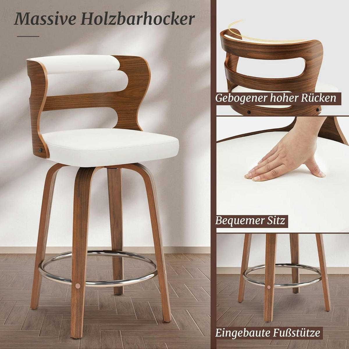 BARHOCKER 2er Set mit Lehne und Armlehnen 66 cm Hoch Weiß+Walnut - Weiß, Holzwerkstoff (46/94/54cm)