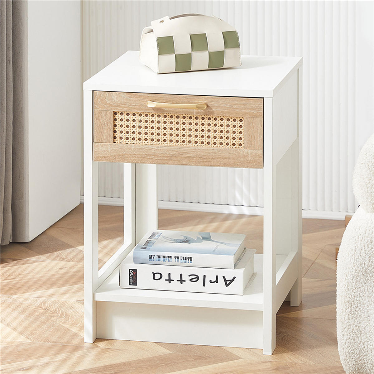 NACHTTISCH Rattan 40/55/40 cm mit Schublade Weiß - Weiß, Holz (40/55/40cm) - Kaket