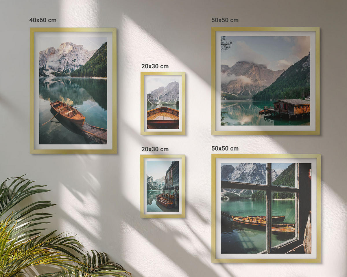 WANDBILDER 5er Set - 50x50 cm & 20x30 cm & 40x60 cm Goldrahmen - See, Berge, Boote, Hütte, Fenster - Goldfarben, Kunststoff (40/60cm) - ArtPrintCave