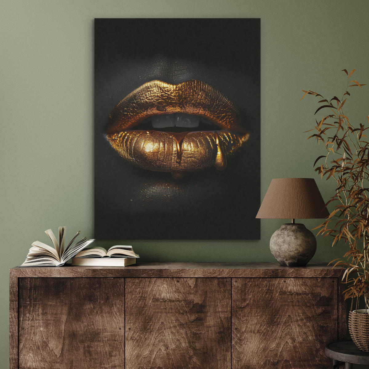 AKUSTIKPANEEL Frau - Porträt - Lippen - Gold - Schwarz 60x80 cm - Schwarz, Textil (60/0.9/80cm) - MuchoWow