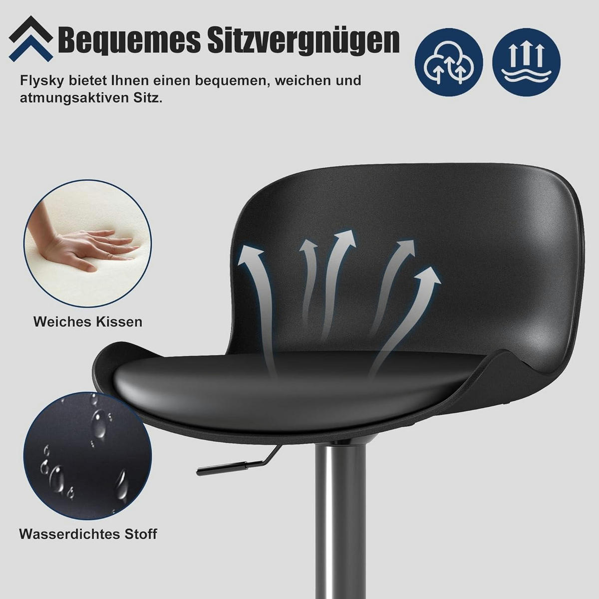BARHOCKER 2er Set höhenverstellbar, mit Rückenlehne aus PU-Leder in Schwarz - Schwarz, Kunststoff (48/97/45cm)
