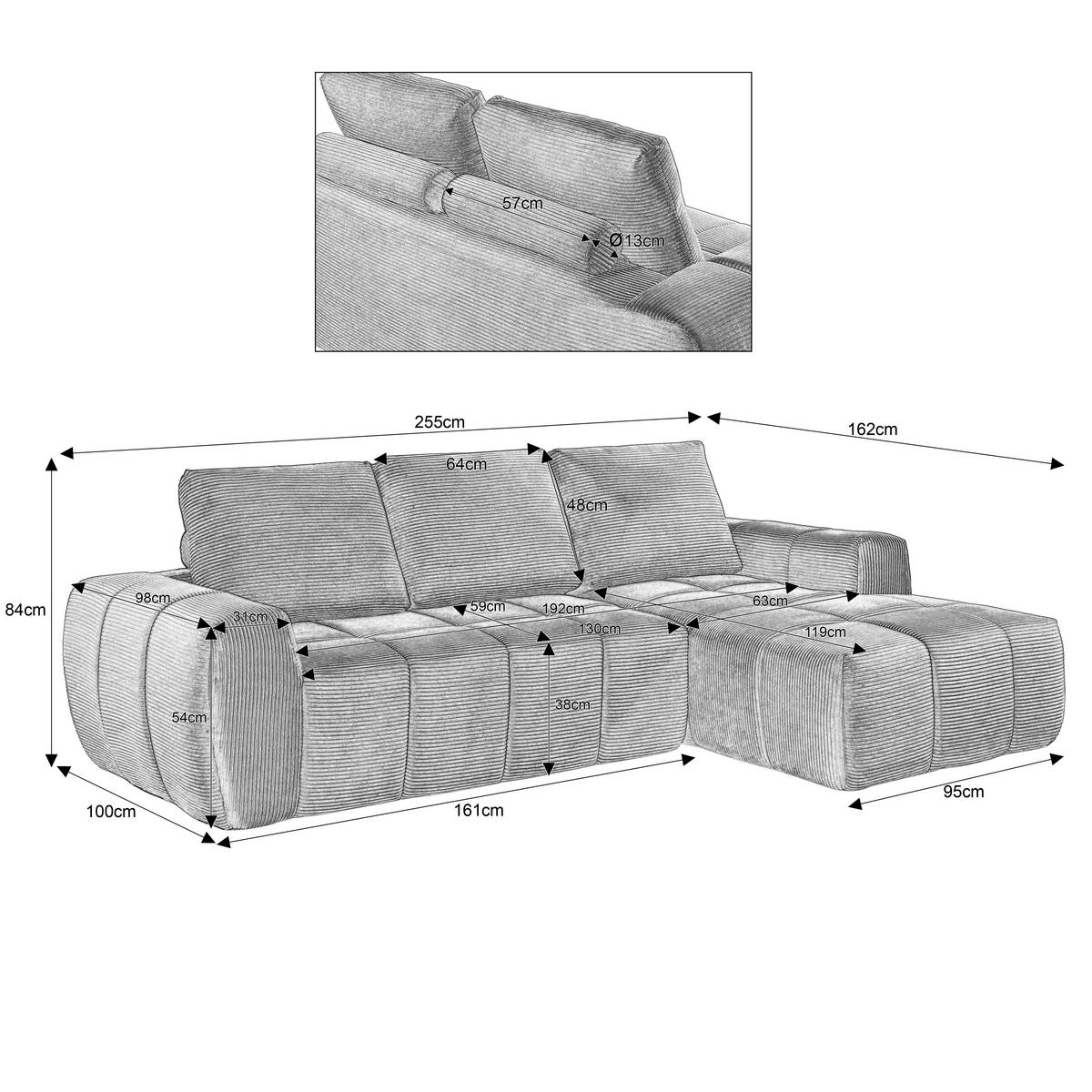 ECKSOFA Cord Taupe mit Kissen - Taupe, Textil (255/162cm) - WISHDOR