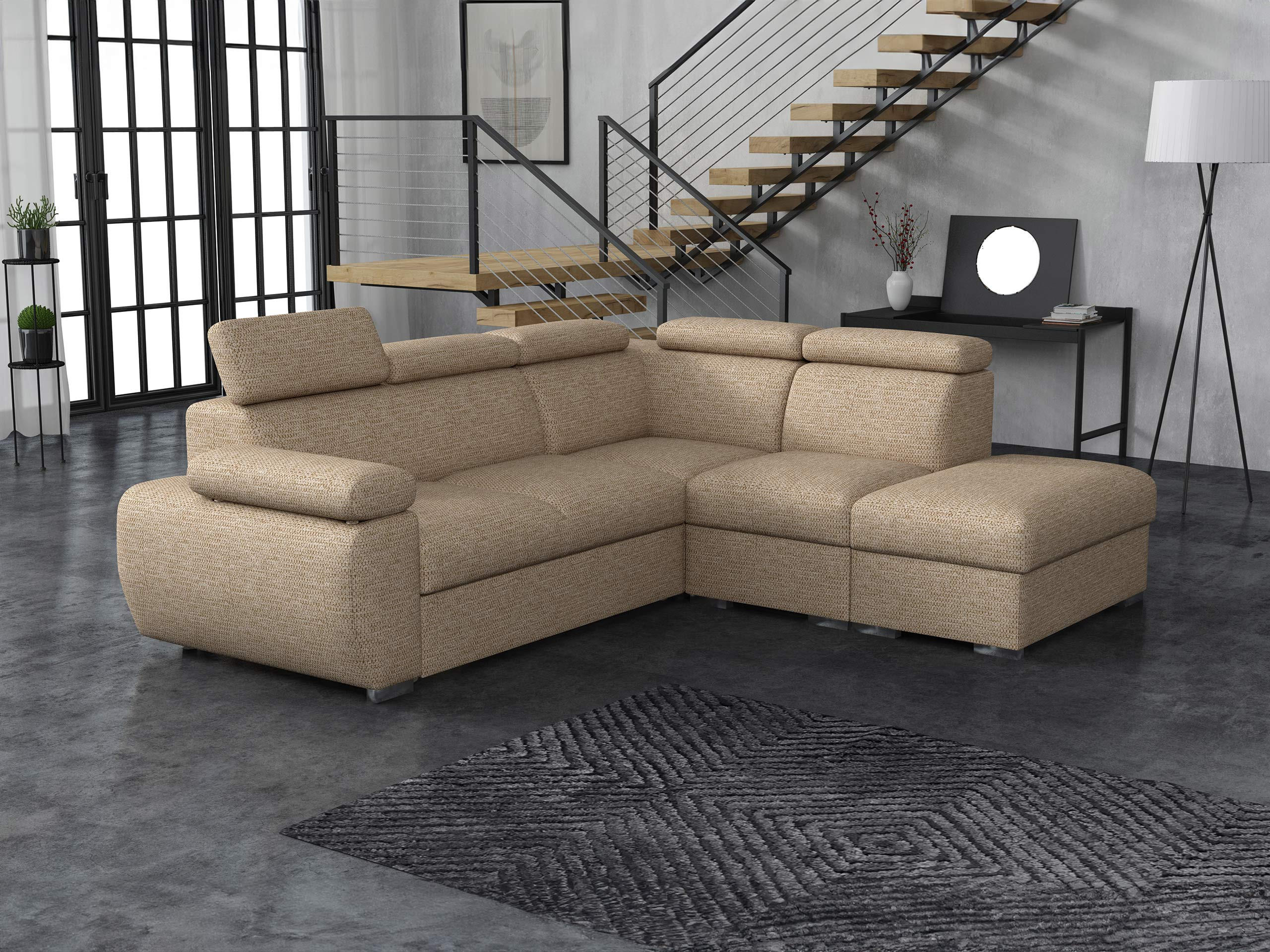 ECKSOFA Boston 2RR1P, Seite: Rechts 2R+R+1P(65)+PUFAP - Hellbraun/Silberfarben, Holz/Textil (260/230cm) - MIRJAN24