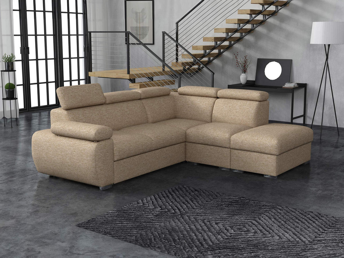 ECKSOFA Boston 2RR1P, Seite: Rechts 2R+R+1P(65)+PUFAP - Hellbraun/Silberfarben, Holz/Textil (260/230cm) - MIRJAN24