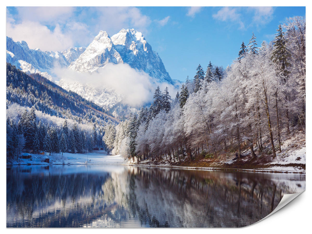 FOTOTAPETE für Wohnzimmer Winterberglandschaft See Nadelwald Schnee 300x210 - Blau/Braun, Papier (300/210cm) - Muralo