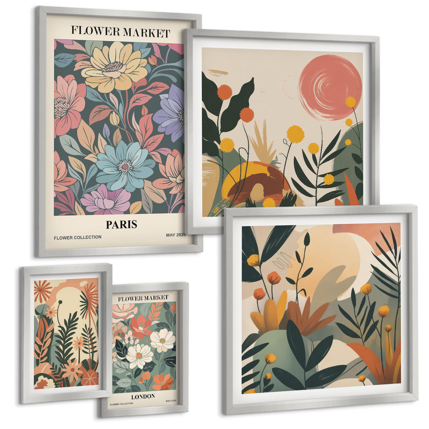 BILDER SET 5er Set - 50x50 cm & 20x30 cm & 40x60 cm Silberner Rahmen - Blumenposter Weinstadt - Silberfarben, Kunststoff (40/60cm) - TULUP