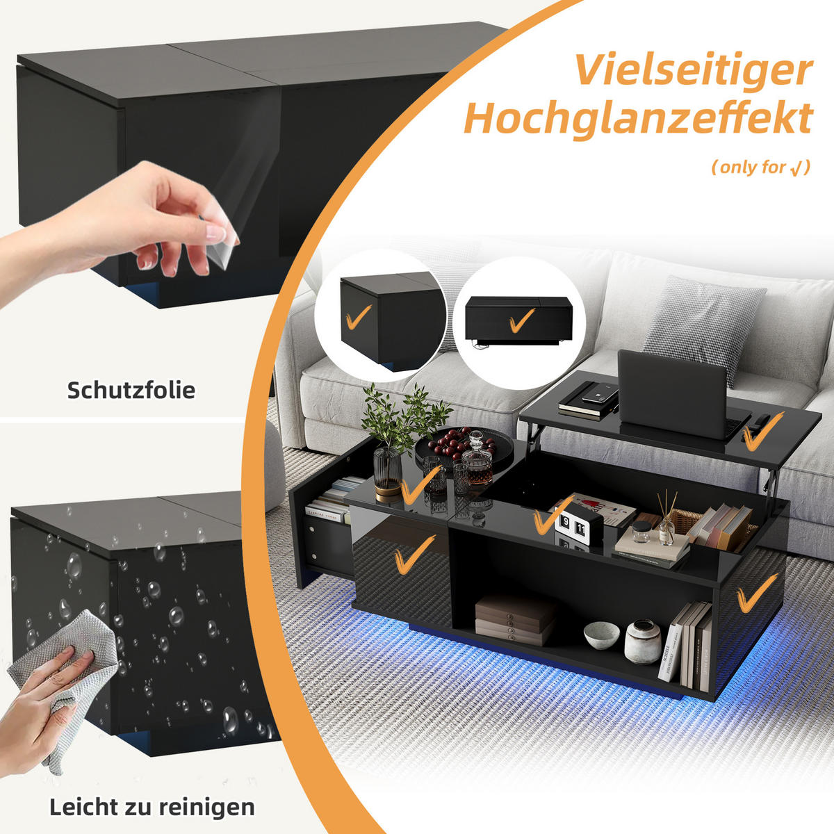 COUCHTISCH aus Spanplatte 100x50x40 cm Schwarz höhenverstellbar mit LED-Beleuchtung, Schublade und verstecktem Stauraum - Schwarz, Holzwerkstoff (100/50/40cm) - Modfu