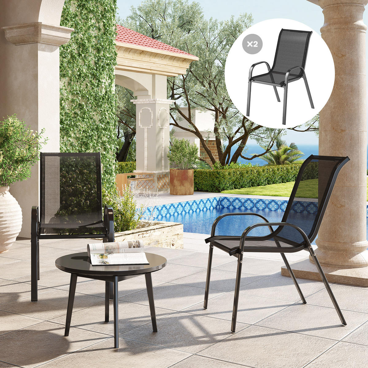 GARTENSTÜHLE 2er-Set DE-13335 hohe Rückenlehne Schwarz - Schwarz, Metall (54/93/71cm) - ComfortXL