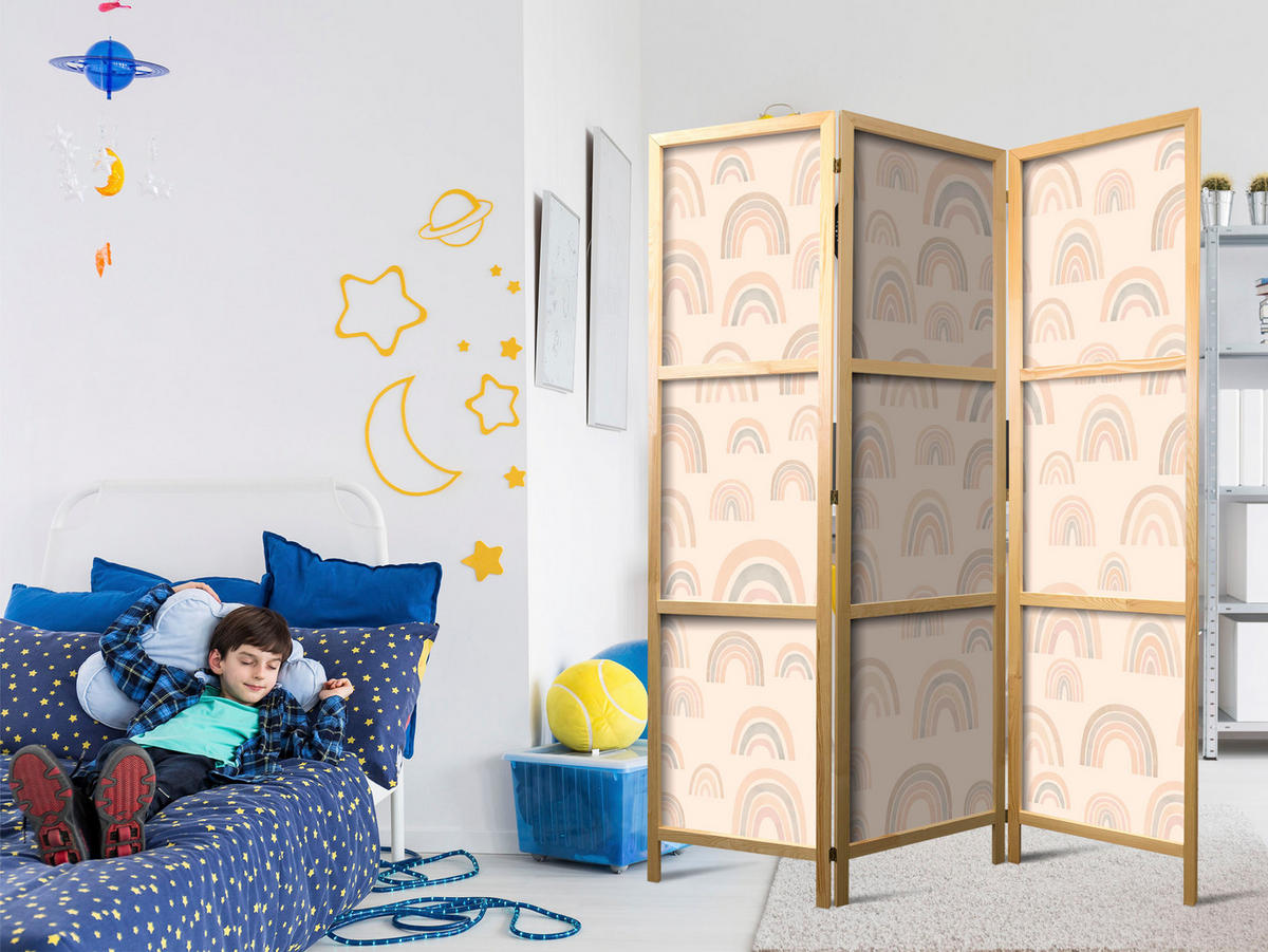 PARAVENT Japanischer 3-tlg 135x172 cm Regenb gen f r Kinder - Beige, Holz/Textil (135/172/3cm) - Muralo