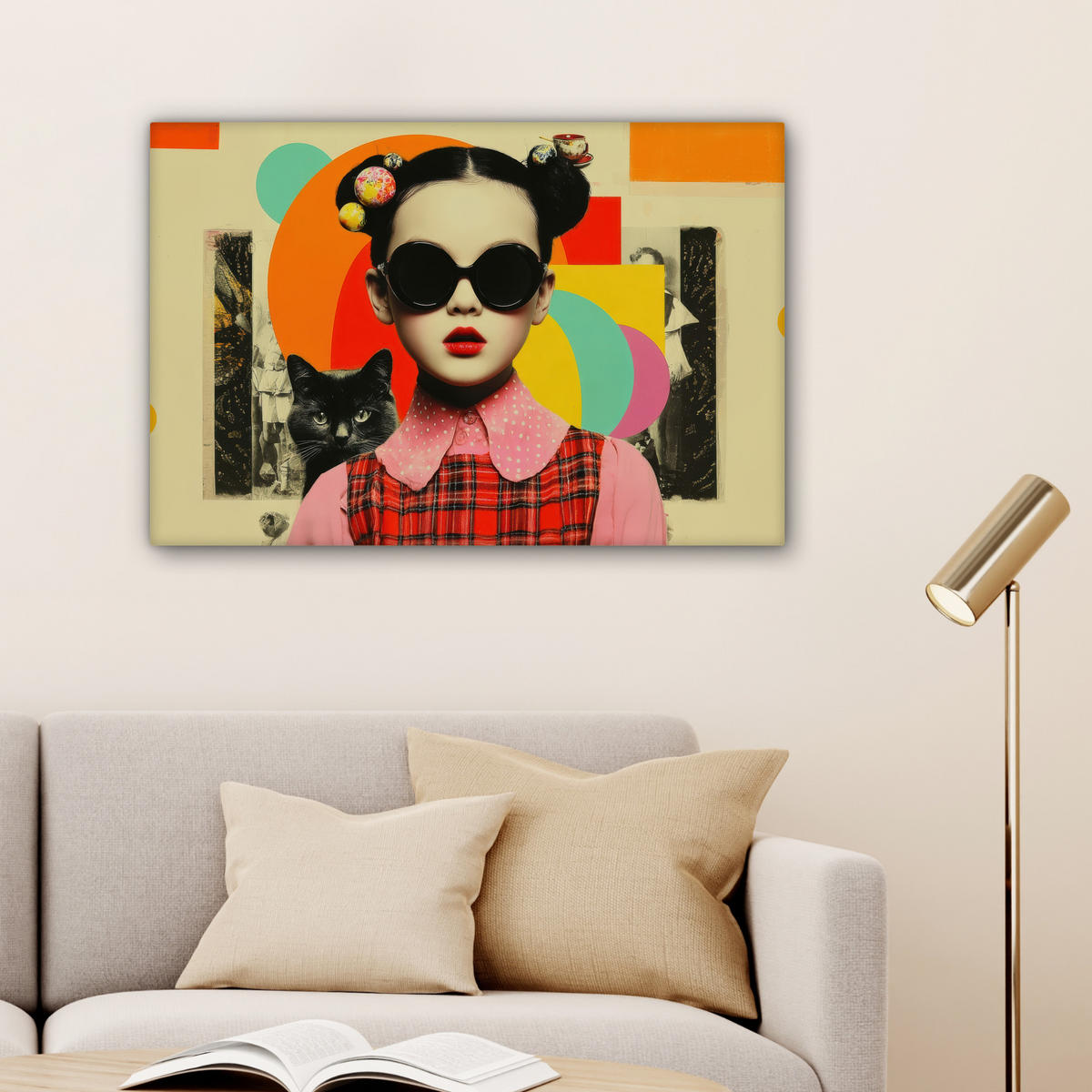 LEINWANDBILD Mädchen - Sonnenbrille - Katze - Retro Gemälde 60x40 cm - Beige, Textil (60/40cm) - MuchoWow
