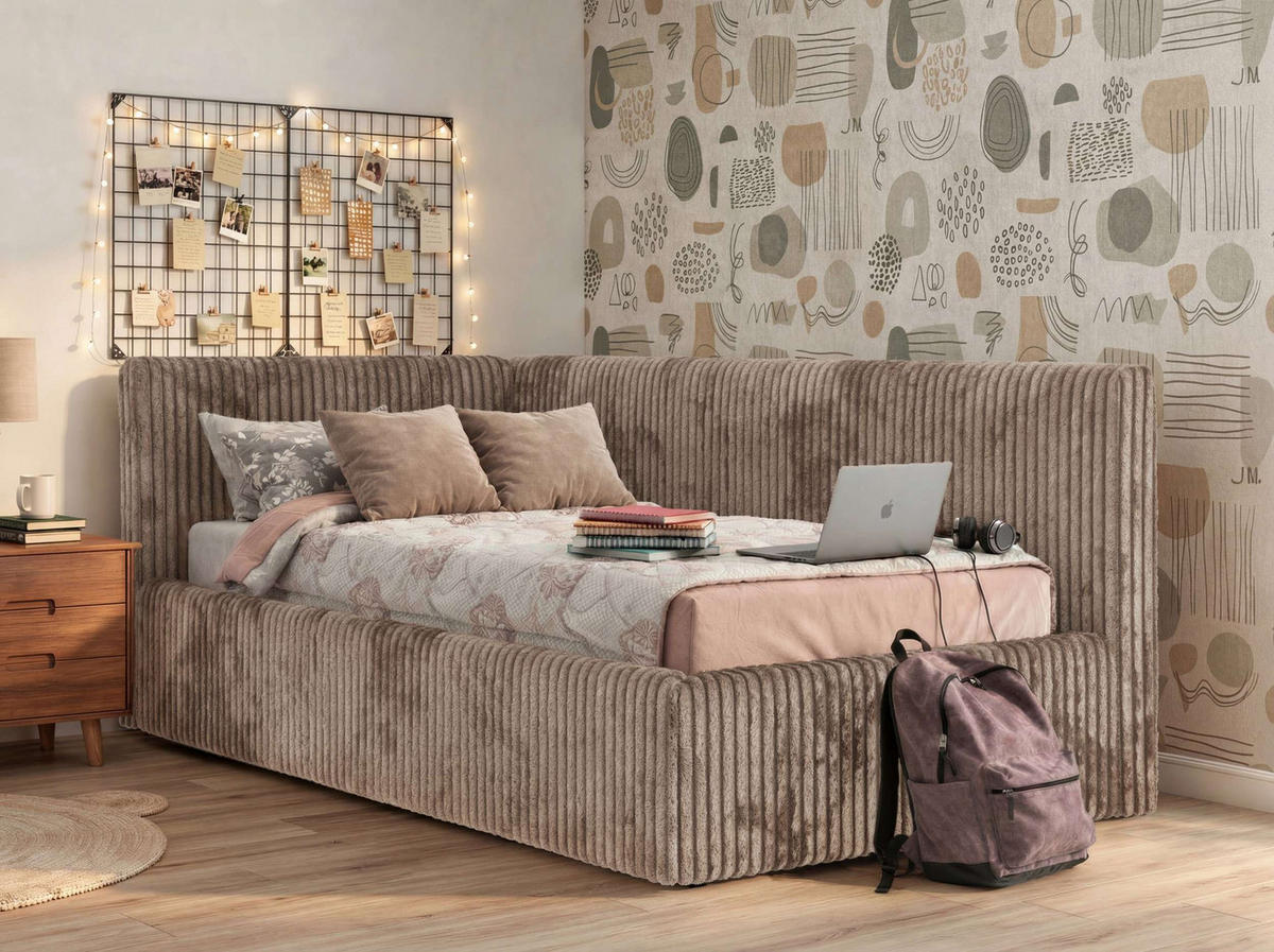 POLSTERBETT TILVO 90/200 - Braun Cord - Taschenfederkernmatratze - Links - Braun, Textil (90/200cm) - MKS