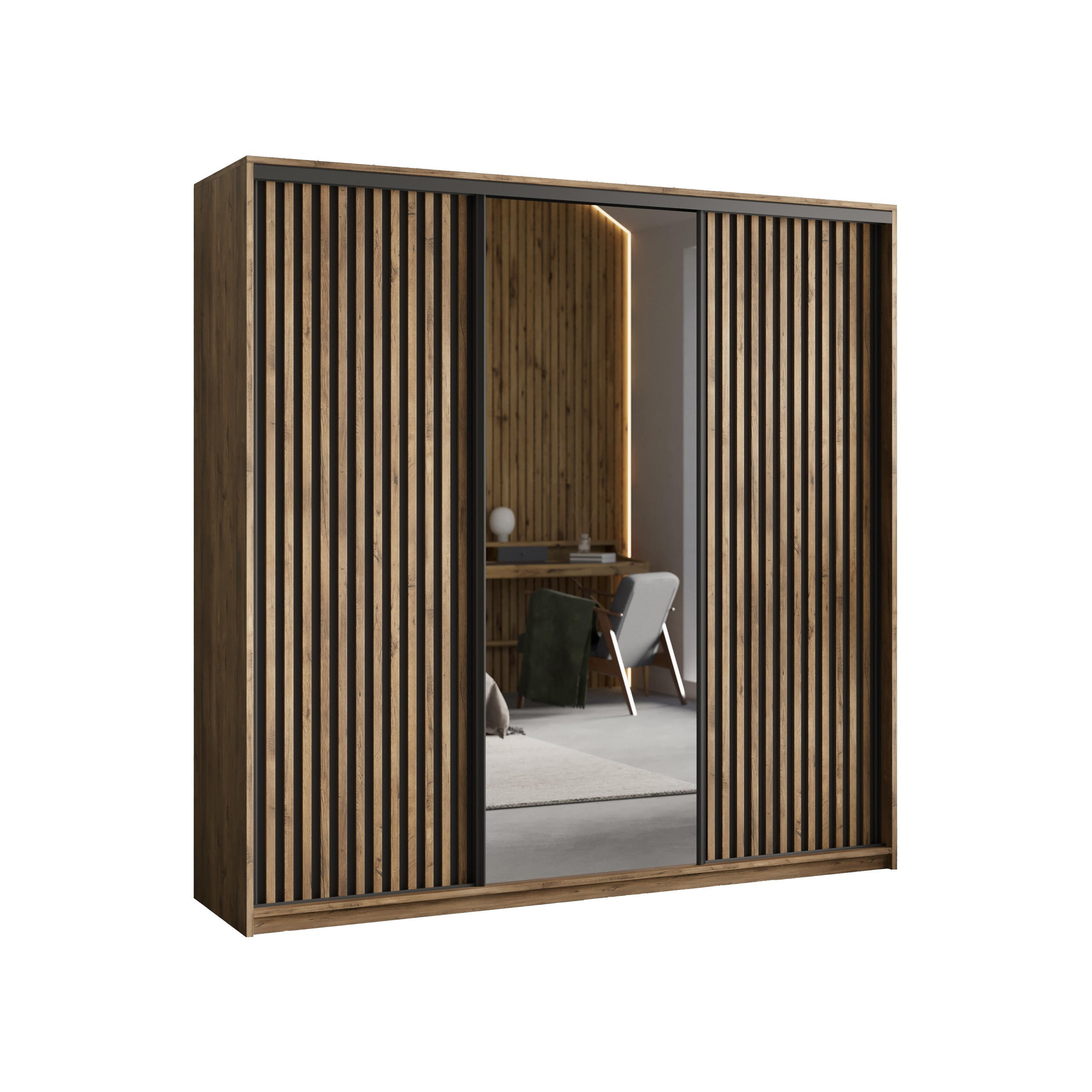 SCHWEBETÜRENSCHRANK ORRA 180/205/60 cm 3-türig mit Spiegel und Lamellen Eiche Lefkas - Eichefarben/Schwarz, Holzwerkstoff (180/205/60cm) - MASSENO