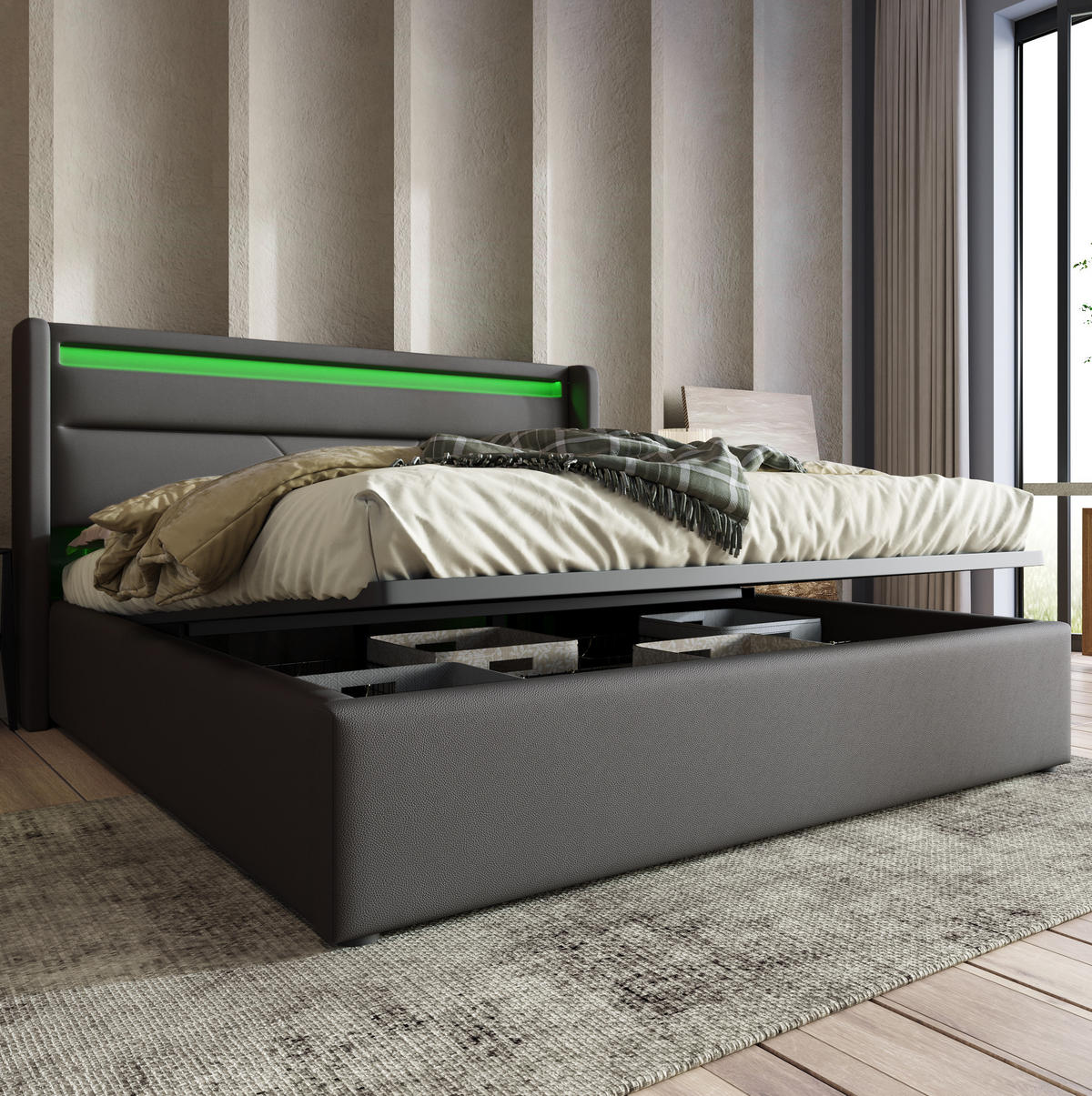 POLSTERBETT mit LED und Bettkasten 140x200 cm PU Grau - Grau, Metall (140/200cm) - Meubliv