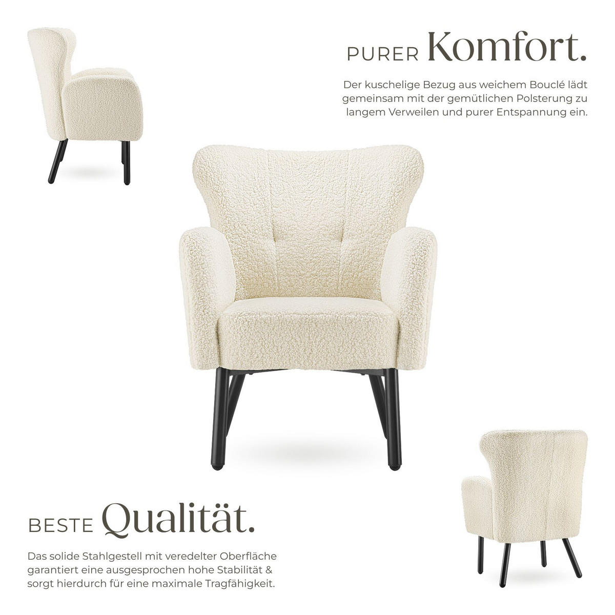 SESSEL Vänersborg, 72 x 71 x 92 cm, Bouclé creme/schwarz - Creme/Schwarz, Kunststoff (72/92/71cm) - tectake