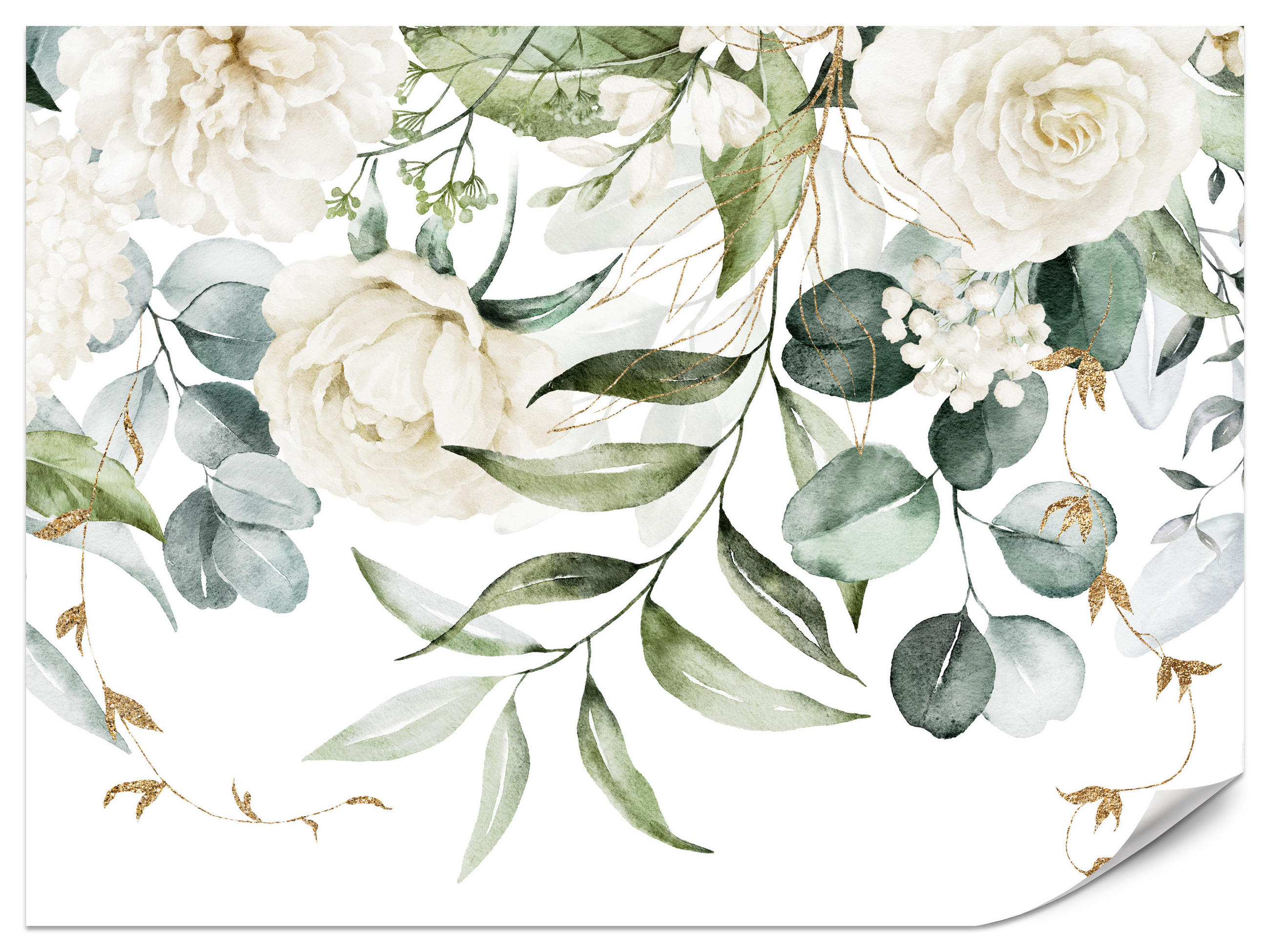 FOTOTAPETE für Schlafzimmer Aquarell Weiße Blumen Pfingstrosen Blätter Natur 450x315 - Creme/Weiß, Papier (450/315cm) - Muralo